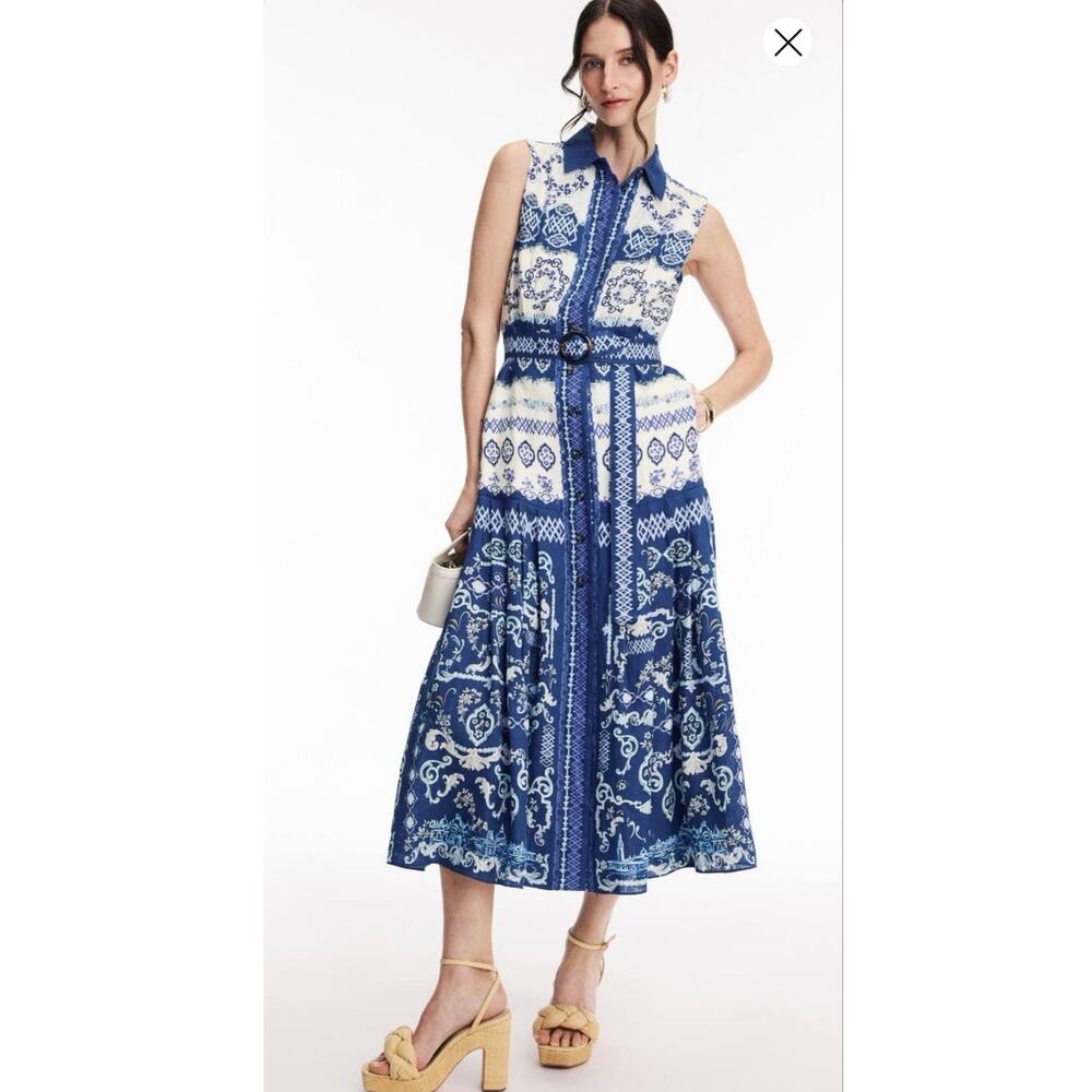 SALONI Blue White Abstract Design Nya Collared Sleeveless Button Up Dress US 2